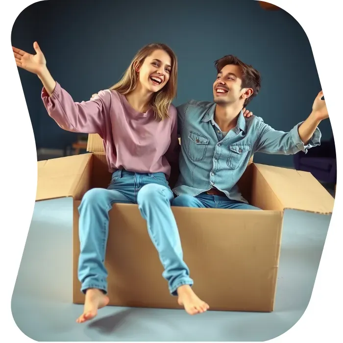 Two guys sitting on the floor of their apartment with Muval moving boxes